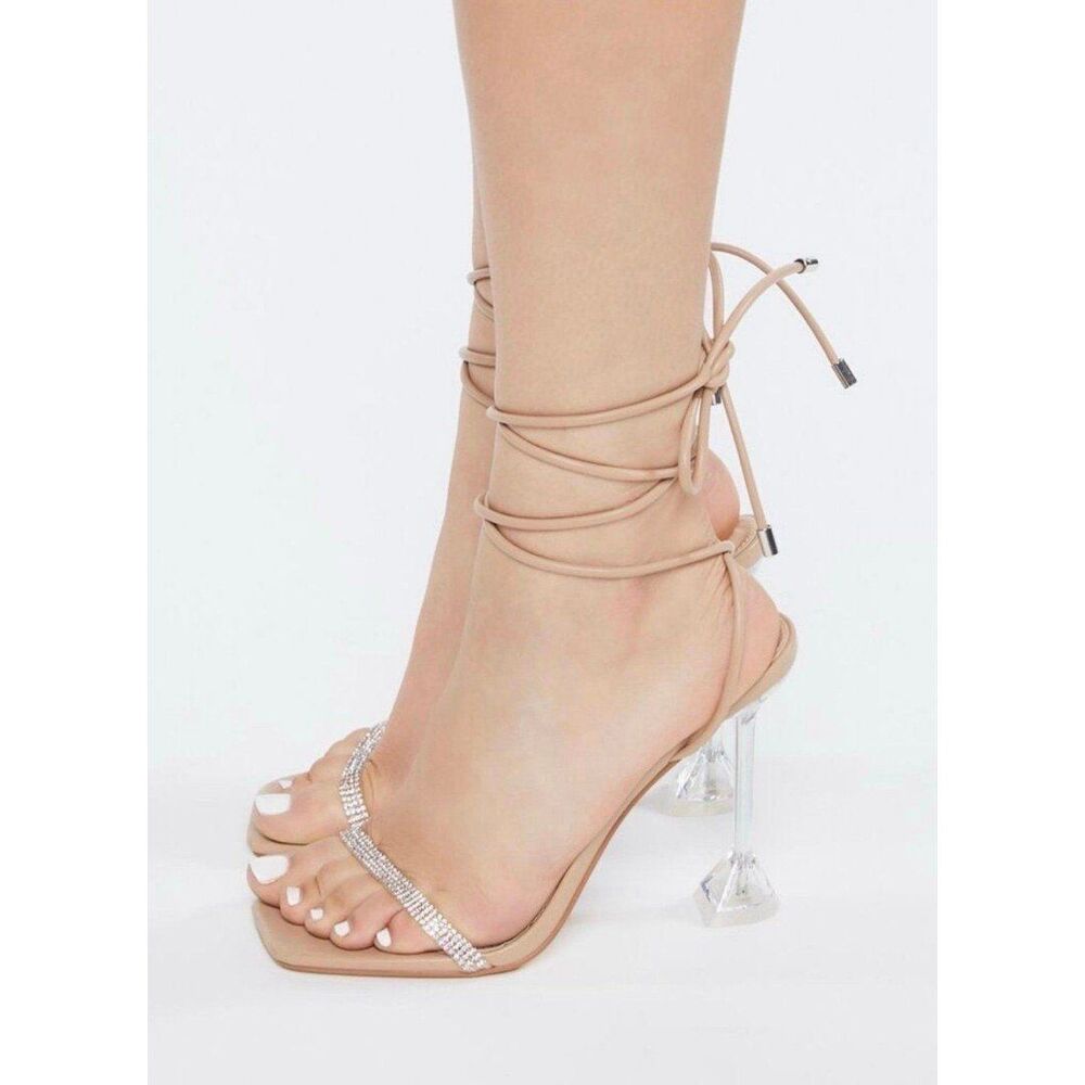 Forever 21 Rhinestone Lace-Up Lucite Heels open square toe, size 8